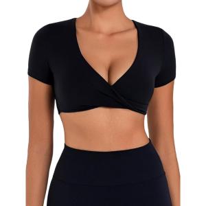 imageSunzel Womens Twist Deep V Workout Tops Summer Crop Gym Tops Buttery Soft Short Sleeve Shirts for Yoga Athletic PilatesBlack