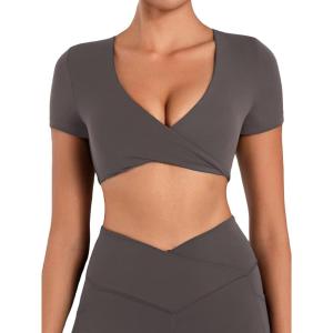 imageSunzel Womens Twist Deep V Workout Tops Summer Crop Gym Tops Buttery Soft Short Sleeve Shirts for Yoga Athletic PilatesSeal Brown