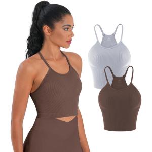 imageSunzel Free to Be Tank Crop Ribbed Tank Tops Seamless Racerback Camisoles No pad Camis Cropped Workout Gym YogaGrey Brown2pcscrop