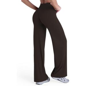 imageSunzel Womens Butt Lifting Wide Leg Yoga Pants High Waist Tummy Control No Front Seam Straight Leg Workout Gym BottomsSeal Brown