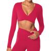 imageSunzel Womens Long Sleeve Crop Top Buttery Soft Deep V Twist Workout Tee with Compression for Yoga Pilates GymViva Magenta