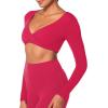 imageSunzel Womens Long Sleeve Crop Top Buttery Soft Deep V Twist Workout Tee with Compression for Yoga Pilates GymViva Magenta