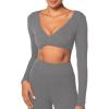 imageSunzel Womens Long Sleeve Crop Top Buttery Soft Deep V Twist Workout Tee with Compression for Yoga Pilates GymCharcoal Gray