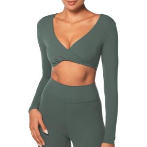 imageSunzel Womens Long Sleeve Crop Top Buttery Soft Deep V Twist Workout Tee with Compression for Yoga Pilates GymAsh Green