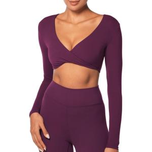 imageSunzel Womens Long Sleeve Crop Top Buttery Soft Deep V Twist Workout Tee with Compression for Yoga Pilates GymCherry Red