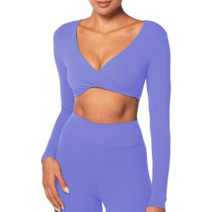 imageSunzel Womens Long Sleeve Crop Top Buttery Soft Deep V Twist Workout Tee with Compression for Yoga Pilates GymPeriwinkle