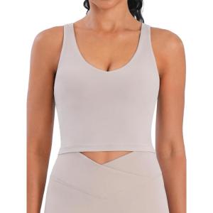 imageWomen VNeck Longline Sports Bras Low U Back Workout Yoga Athletic Crop Tank Top with Built in BraBeige