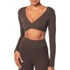 imageSunzel Long Sleeve Workout Tops for Women Buttery Soft Deep V Twist Cropped Tops with Compression for Yoga Pilates Gym OutfitSeal Brown