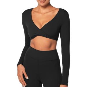 imageSunzel Long Sleeve Workout Tops for Women Buttery Soft Deep V Twist Cropped Tops with Compression for Yoga Pilates Gym OutfitBlack