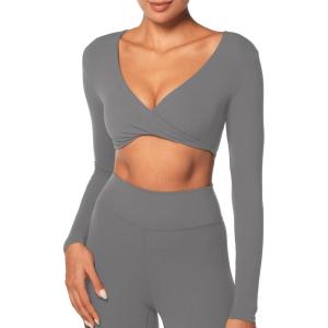 imageSunzel Long Sleeve Workout Tops for Women Buttery Soft Deep V Twist Cropped Tops with Compression for Yoga Pilates Gym OutfitCharcoal Gray