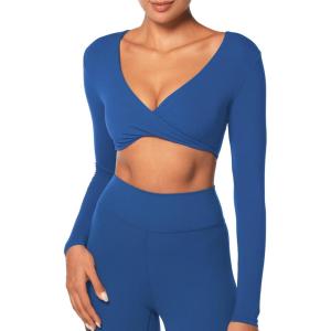 imageSunzel Long Sleeve Workout Tops for Women Buttery Soft Deep V Twist Cropped Tops with Compression for Yoga Pilates Gym OutfitClassic Blue
