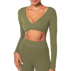 imageSunzel Long Sleeve Workout Tops for Women Buttery Soft Deep V Twist Cropped Tops with Compression for Yoga Pilates Gym OutfitOlive Green