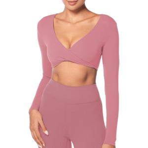 imageSunzel Long Sleeve Workout Tops for Women Buttery Soft Deep V Twist Cropped Tops with Compression for Yoga Pilates Gym OutfitRose Pink