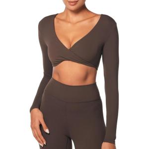 imageSunzel Long Sleeve Workout Tops for Women Buttery Soft Deep V Twist Cropped Tops with Compression for Yoga Pilates Gym OutfitSeal Brown