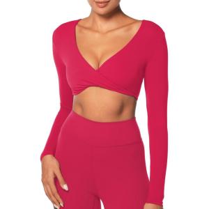 imageSunzel Long Sleeve Workout Tops for Women Buttery Soft Deep V Twist Cropped Tops with Compression for Yoga Pilates Gym OutfitViva Magenta