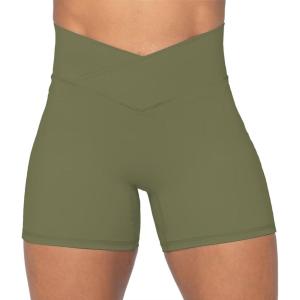 image:imageSunzel Crossover Biker Shorts for Women No Front Seam V High Waist Yoga Workout Gym Shorts with Tummy ControlOlive Green