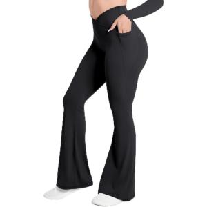 image:imageSunzel Flare Leggings for Women with Pockets Crossover Yoga Pants with Tummy Control High Waisted and Wide Leg Side PocketsBlack