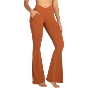 image:imageSunzel Flare Leggings for Women with Pockets Crossover Yoga Pants with Tummy Control High Waisted and Wide Leg Side PocketsCaramel Cafe