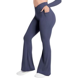 image:imageSunzel Flare Leggings for Women with Pockets Crossover Yoga Pants with Tummy Control High Waisted and Wide Leg Side PocketsDeep Sea Blue