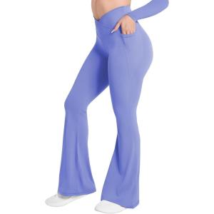 image:imageSunzel Flare Leggings for Women with Pockets Crossover Yoga Pants with Tummy Control High Waisted and Wide Leg Side PocketsLight Blue
