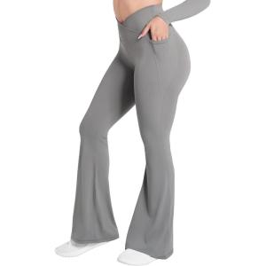 image:imageSunzel Flare Leggings for Women with Pockets Crossover Yoga Pants with Tummy Control High Waisted and Wide Leg Side PocketsLight Grey