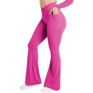 image:imageSunzel Flare Leggings for Women with Pockets Crossover Yoga Pants with Tummy Control High Waisted and Wide Leg Side PocketsSonic Pink