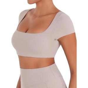 image:imageSunzel Womens Short Sleeve Crop Top with Built in Bra Athletic Yoga T Shirt Casual Fitted Workout Gym Active Tee with PaddingBeige