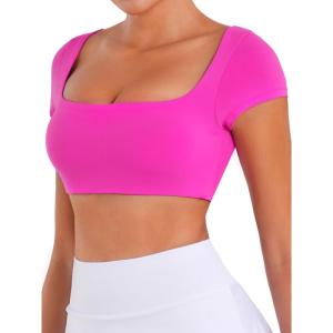 image:imageSunzel Womens Short Sleeve Crop Top with Built in Bra Athletic Yoga T Shirt Casual Fitted Workout Gym Active Tee with PaddingHot Pink
