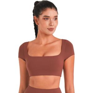 image:imageSunzel Womens Short Sleeve Crop Top with Built in Bra Athletic Yoga T Shirt Casual Fitted Workout Gym Active Tee with PaddingWine Red