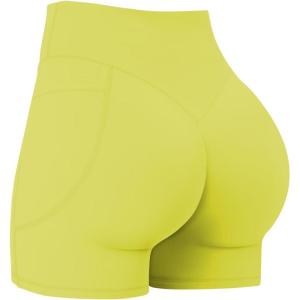 image:imageSunzel Hidden Butt Lifting Scrunch Biker Shorts 4No Front Seam High Waist Tummy Control Yoga Workout Gym Shorts with PocketsDeep Bright Yellow