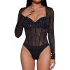 image:imageSunzel Mesh Bodysuits for Women Long Sleeve Sparkle Going Out Leotard Sheer Tops Rave Outfits Body Suit with Snap CrotchBlack