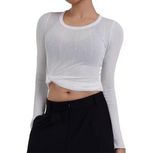 image:imageSunzel Womens Sheer Long Sleeve Round Neck Cotton Top Sexy Fitted See Through Going Out Y2K Summer Layering Club Beach TopsWhite