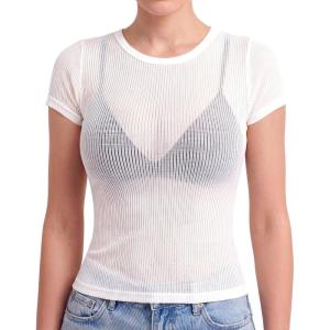 image:imageSunzel Womens Sheer Ribbed T Shirt Fitted Short Sleeve Crew Neck Lightweight Basic Top Viscose Cotton BlendWhite